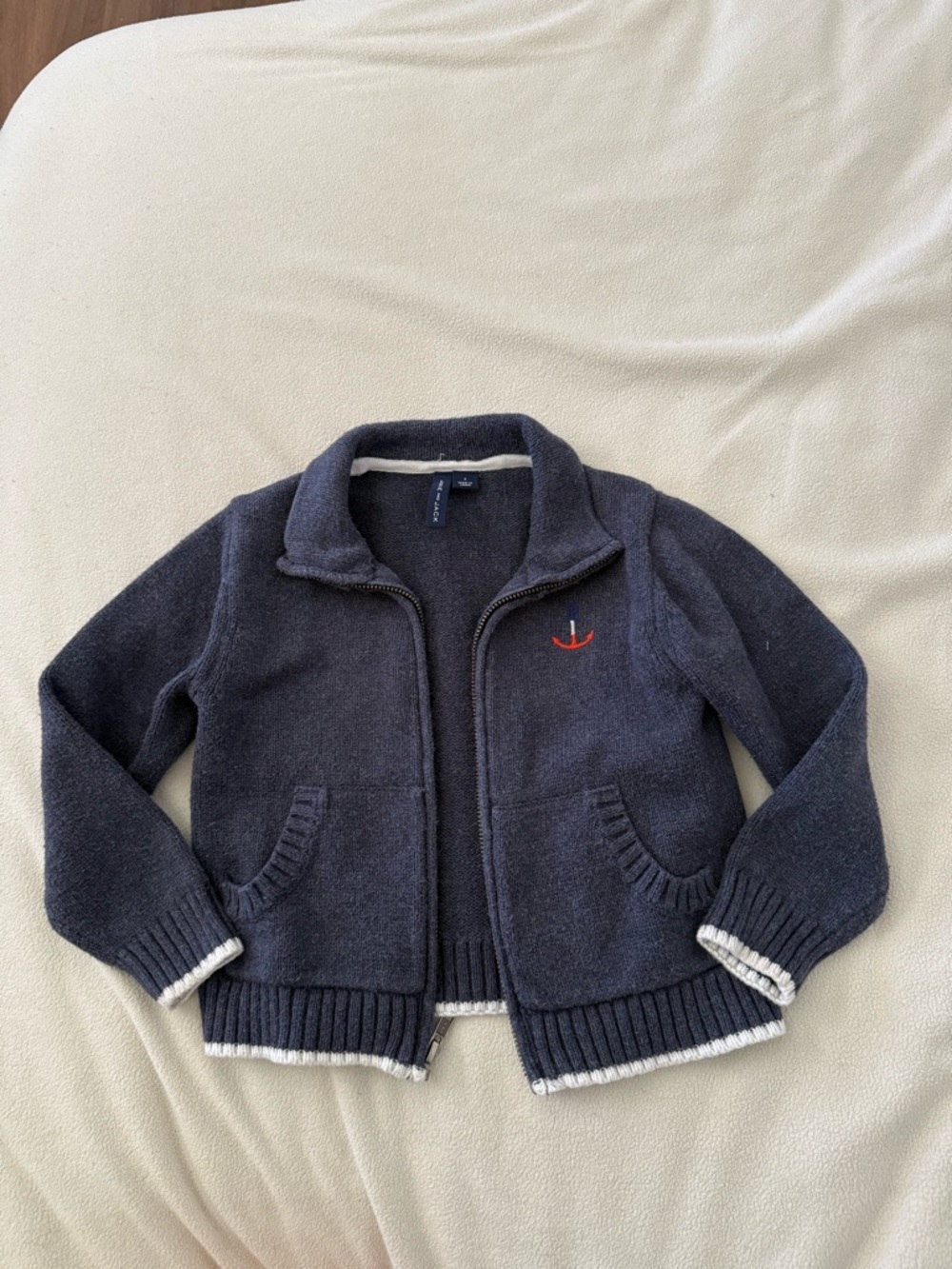 Janie and Jack Navy Zip Cardigan with White Trim and Red Accent